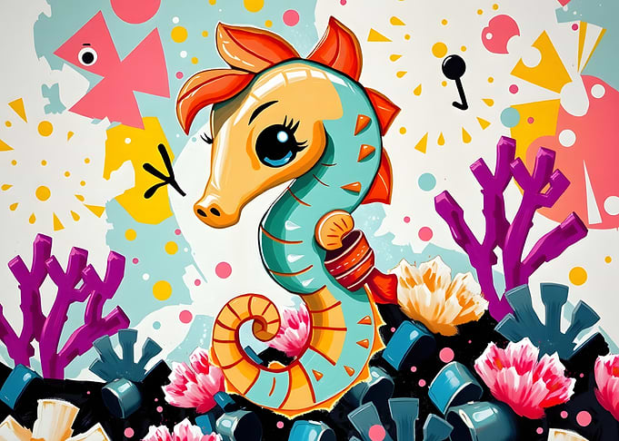 Cartoon Seahorse in Colorful Underwater Scene