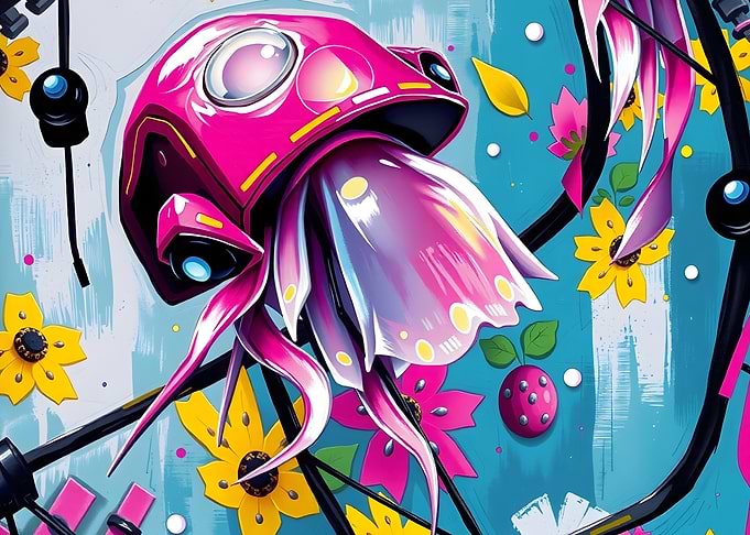 Cyberpunk Jellyfish with Floral Background