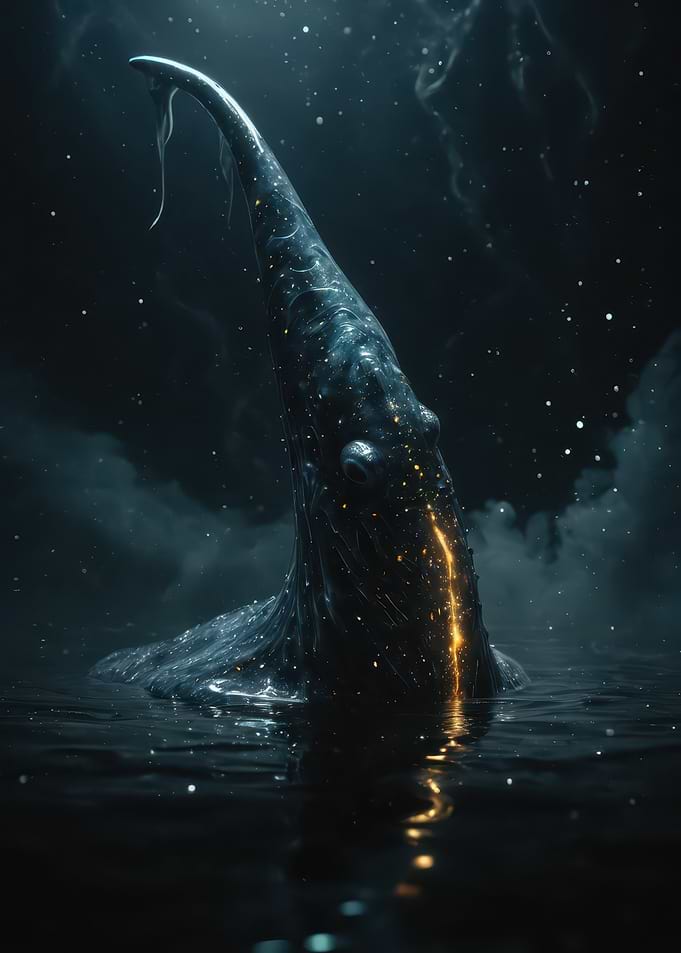 Cosmic Whale Emerging — Surreal Bioluminescent Sea Creature Illustration