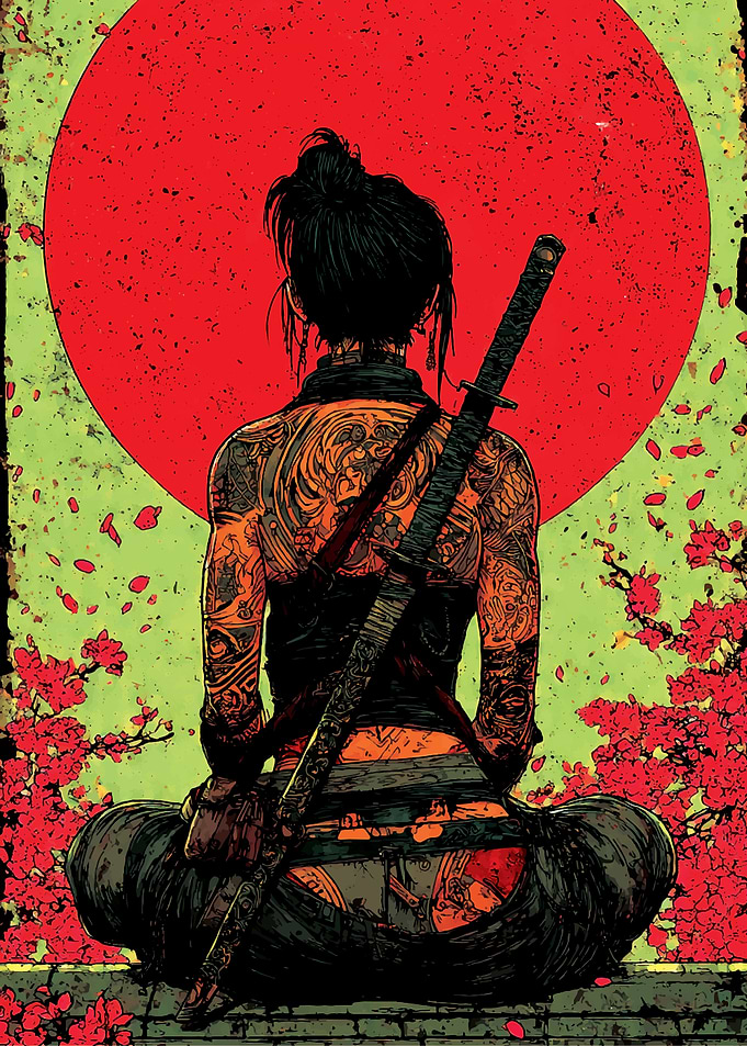 Tattooed Samurai Woman with Katana