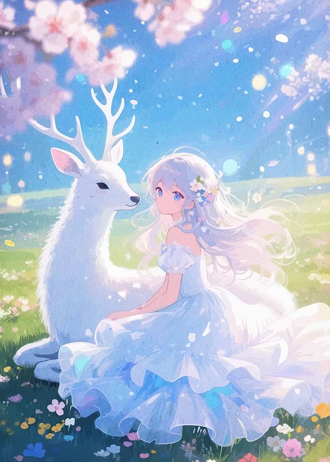 Anime Girl with Deer in Meadow