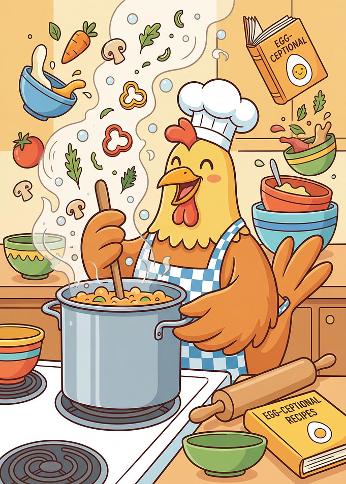 Chicken Chef Cooking Cartoon Illustration