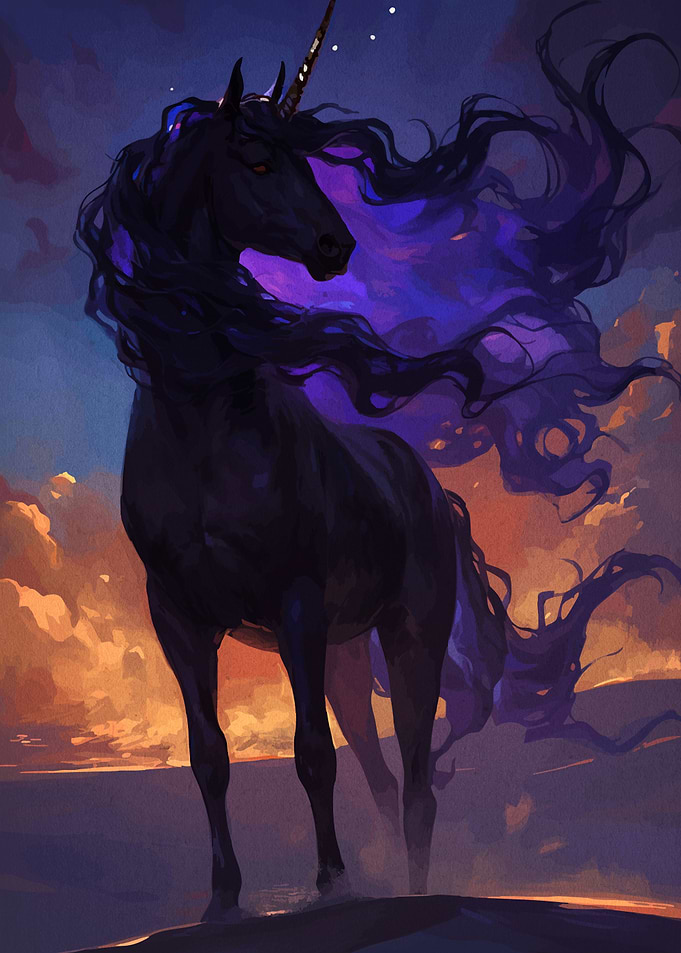 Majestic Black Unicorn at Dusk