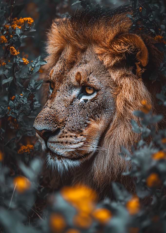 Lion portrait in floral setting