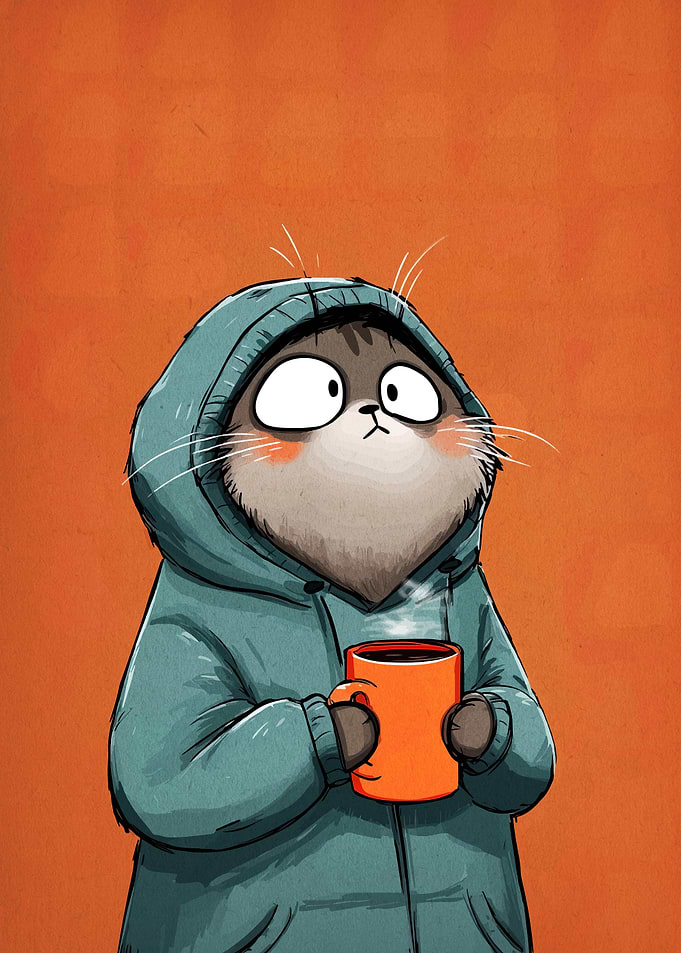 Cartoon Cat with Coffee