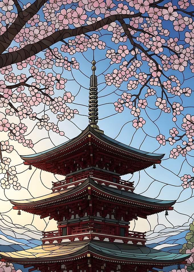 Japanese Pagoda with Cherry Blossoms