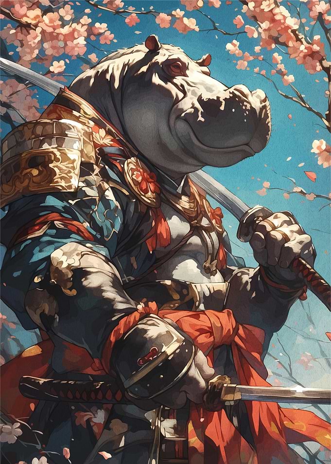 Hippo Samurai with Cherry Blossoms