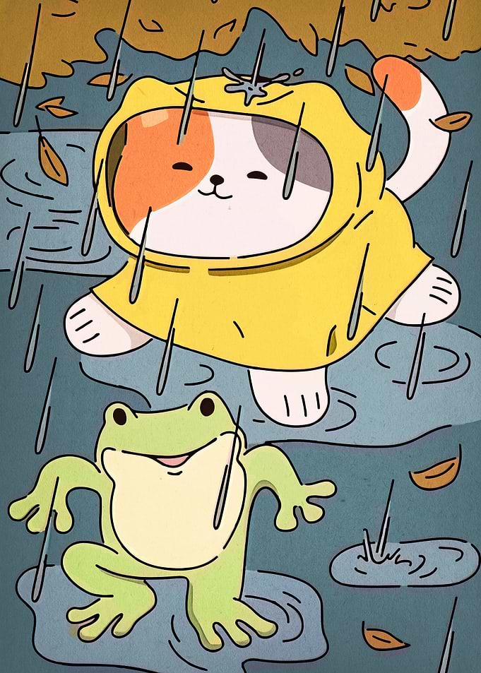 Cat and Frog in the Rain