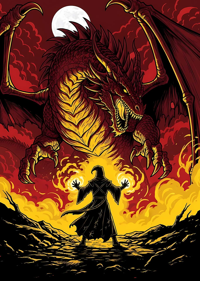 Wizard facing a red dragon