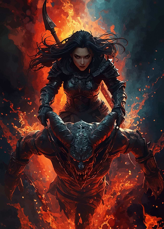 Warrior riding a demon in fire