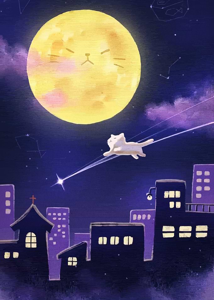 Cat flying over city at night