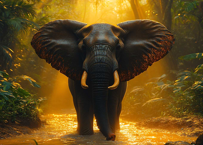 Elephant in Golden Jungle Stream