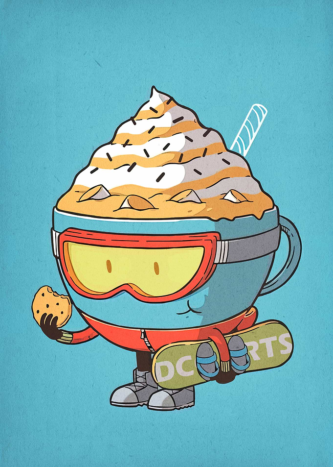 Cartoon Coffee Cup Snowboarder with Cookie