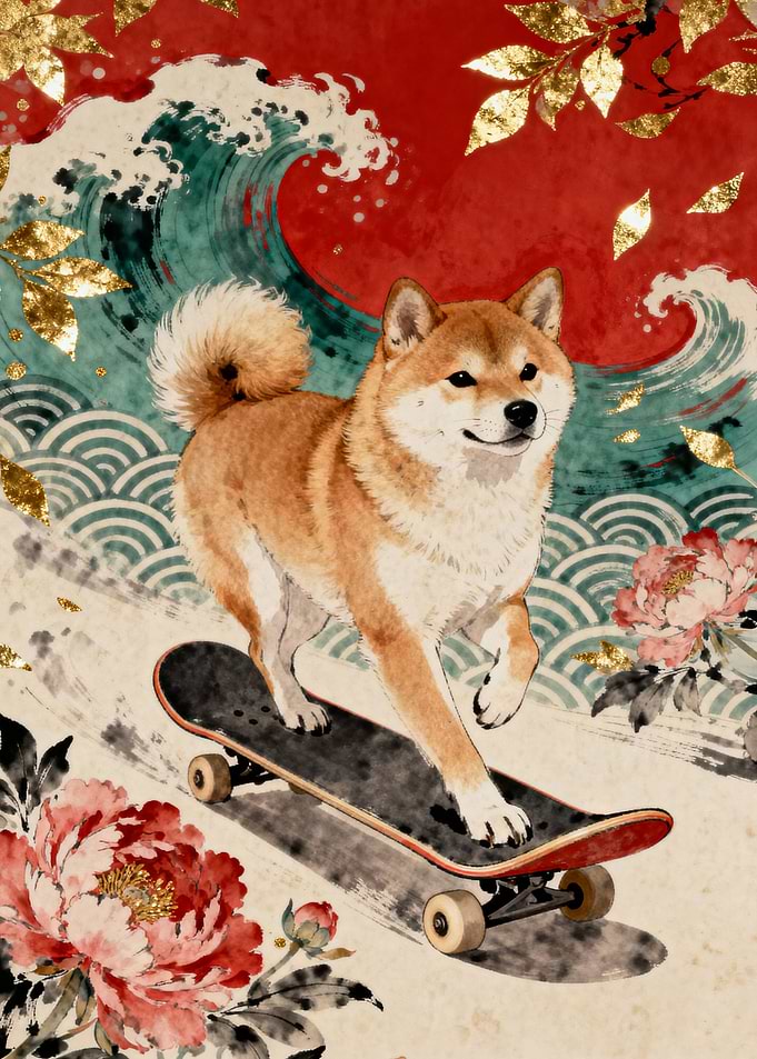 Shiba Inu on Skateboard Art