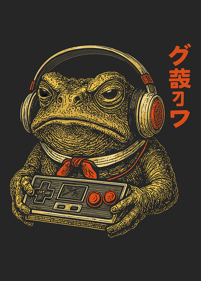 Frog Gamer Poster Japanese Style Wall Art Frog with Headphones Retro Gaming Print