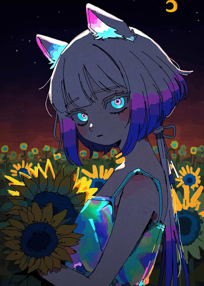 Anime Girl with Cat Ears in Sunflowers