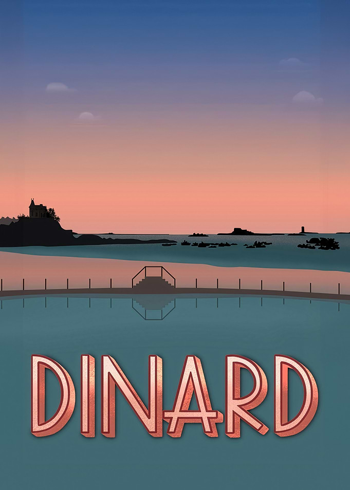 Dinard Seaside Pool at Sunset – French Coastal Travel Poster