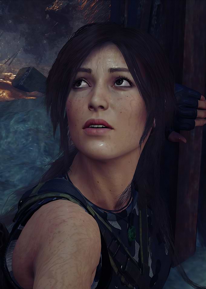 Lara Croft looking up, determined