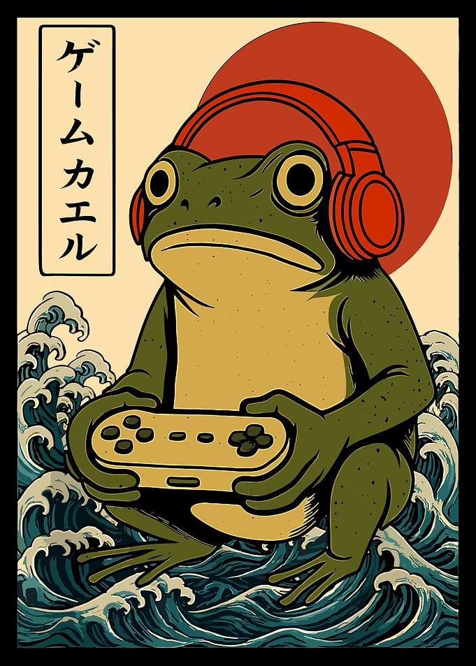 Frog Gamer Poster Japanese Style Gaming Wall Art Cute Frog with Headphones Print