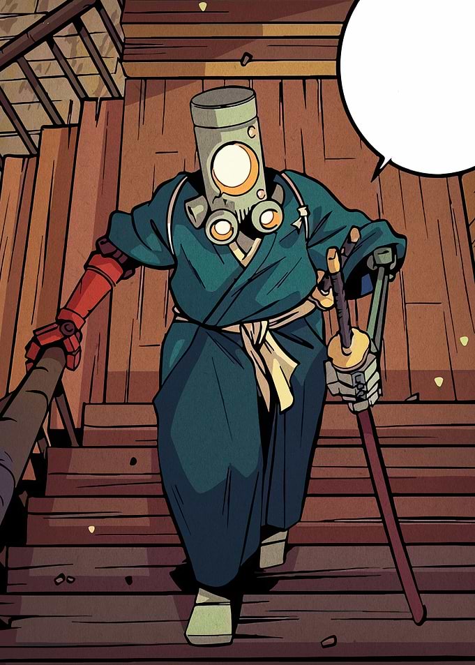 Cylindrical Head Samurai on Stairs