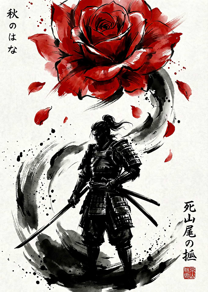 Samurai with Rose Ink Painting