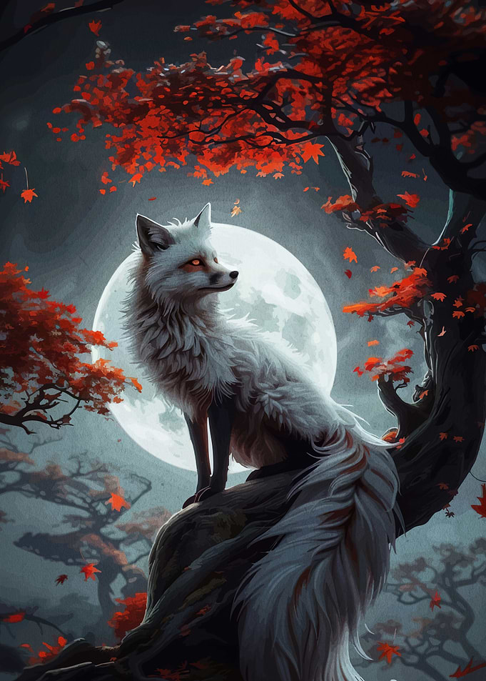White Fox Under Autumn Moon