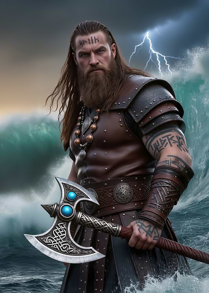 Viking Warrior with Axe in Storm