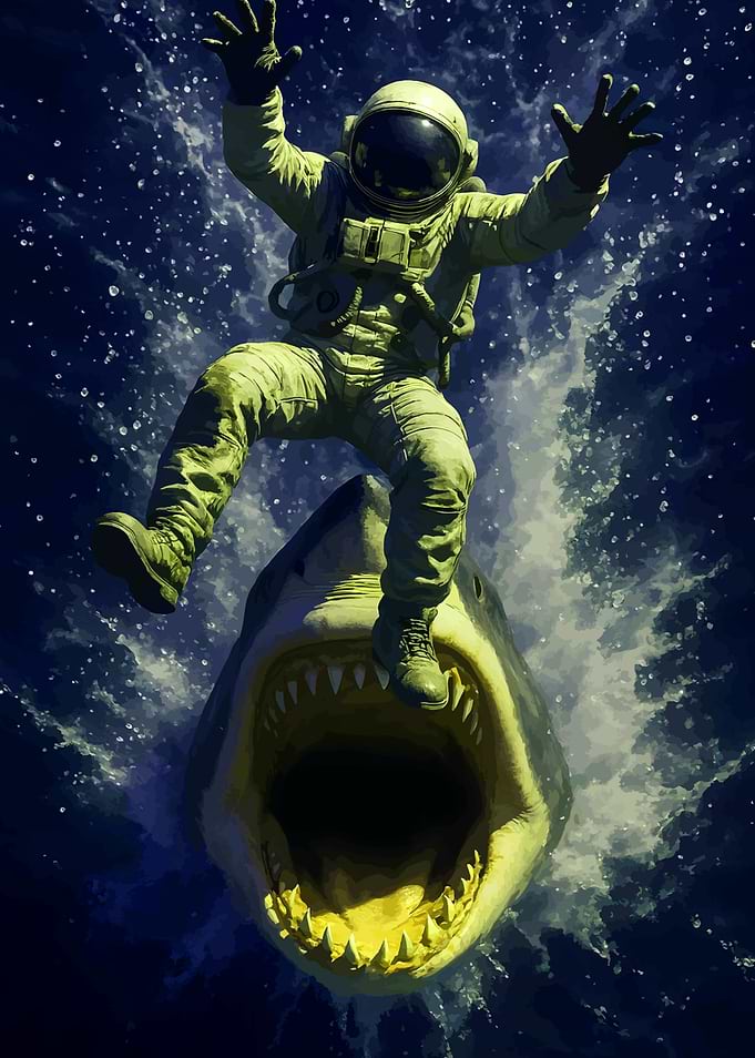 Astronaut riding a shark in space