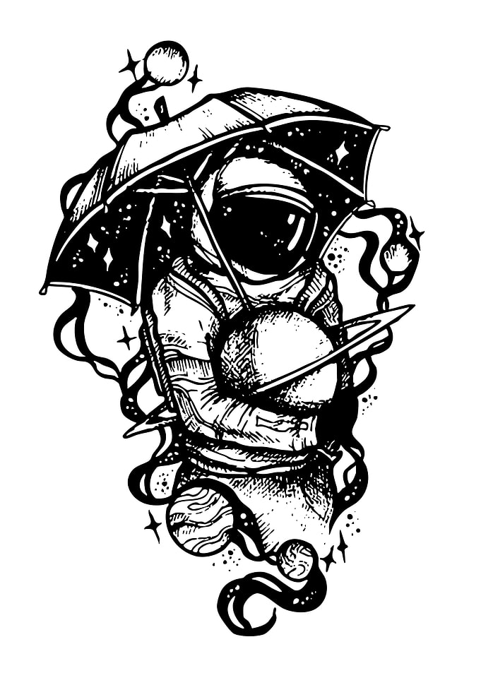 Astronaut with Umbrella and Planets