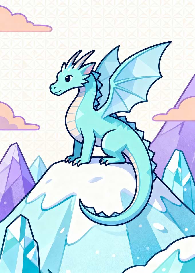 Cute Ice Dragon on Snowy Mountain