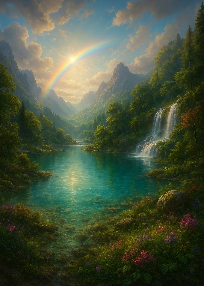 Rainbow over Mountain Lake Landscape