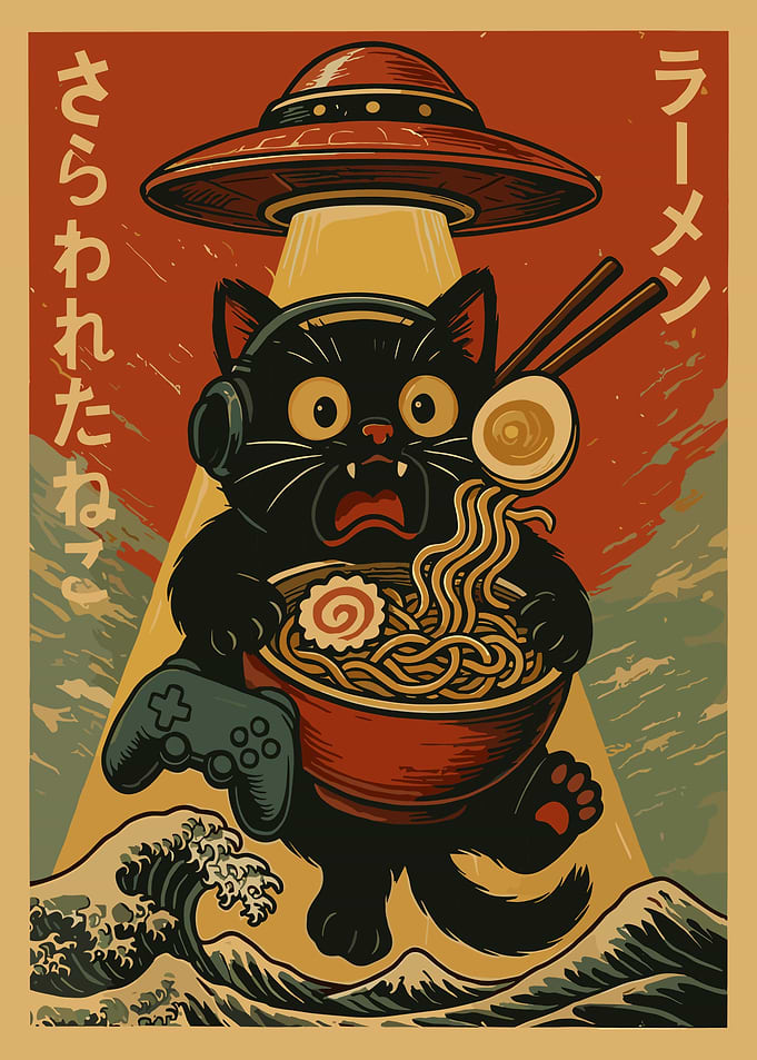 Black Cat Gamer UFO Poster Japanese Style Wall Art Ramen Gaming Anime Print