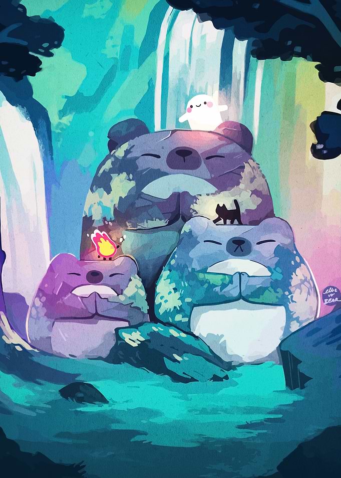 Meditating Bears by Waterfall