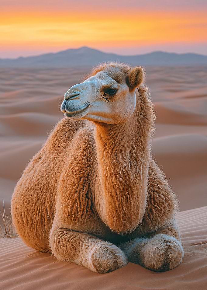 Camel Resting in Desert at Sunset