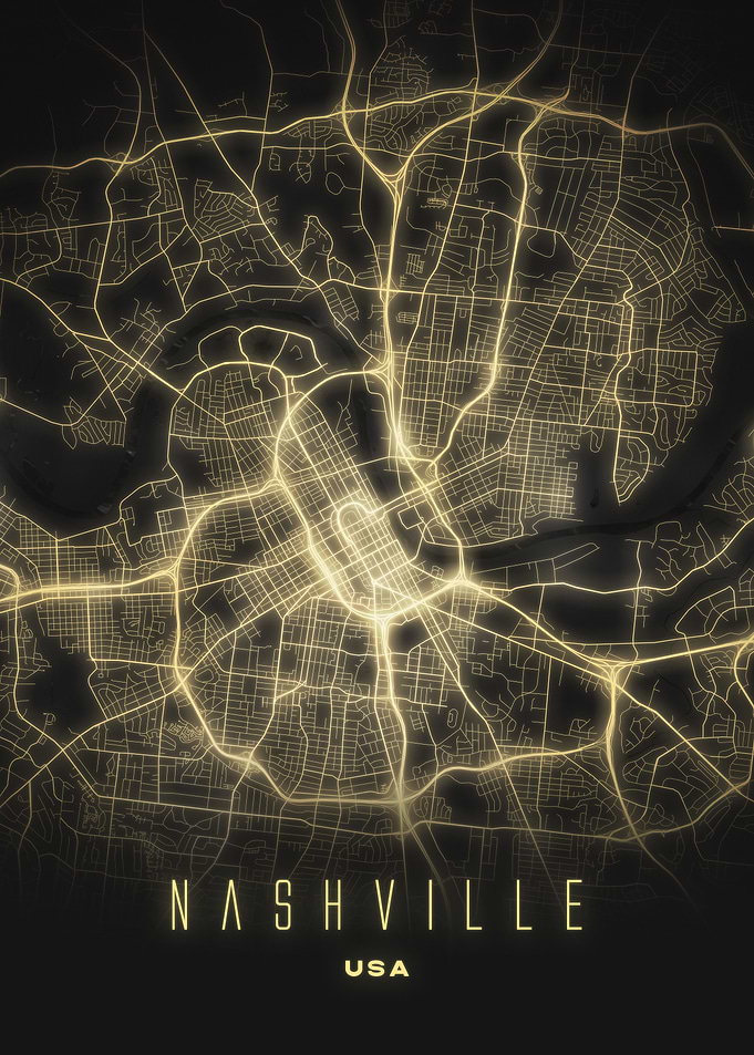 Nashville, USA - Radiant Night City Map Poster, Street Wall Art