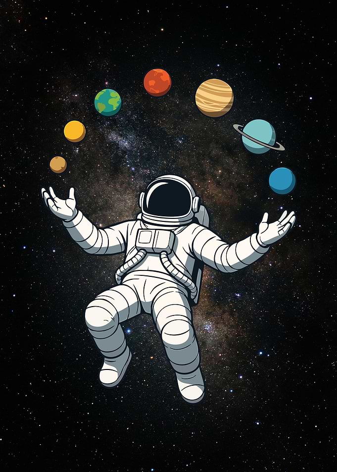 Astronaut Juggling Planets in Space