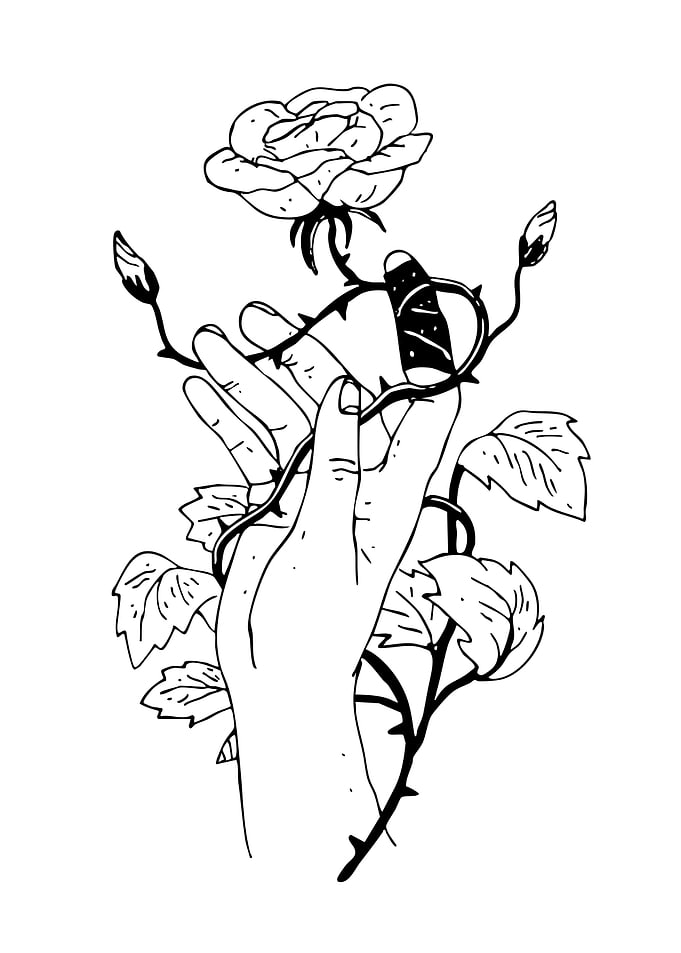 Hand holding rose with thorns