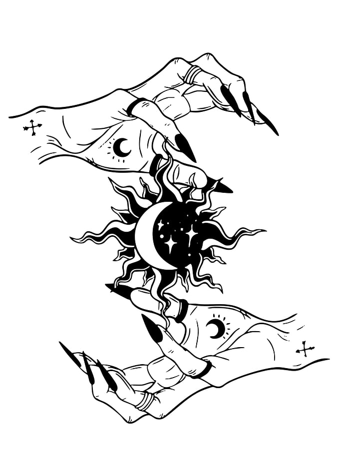 Witch Hands Holding Sun and Moon