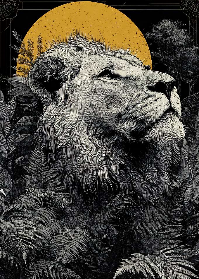 Lion in Jungle with Golden Sun
