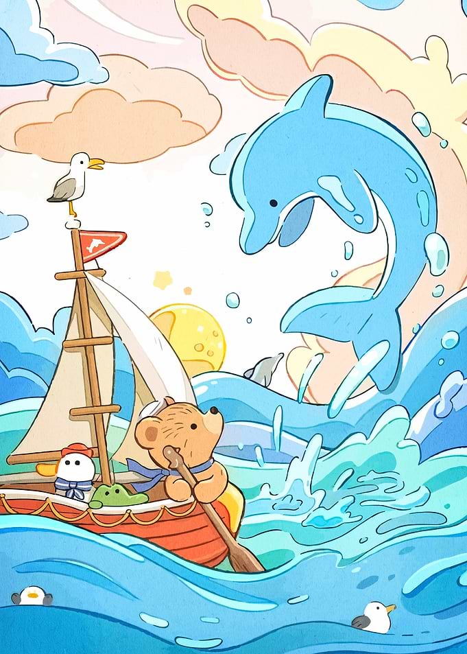 Cartoon Seascape with Bear and Dolphin