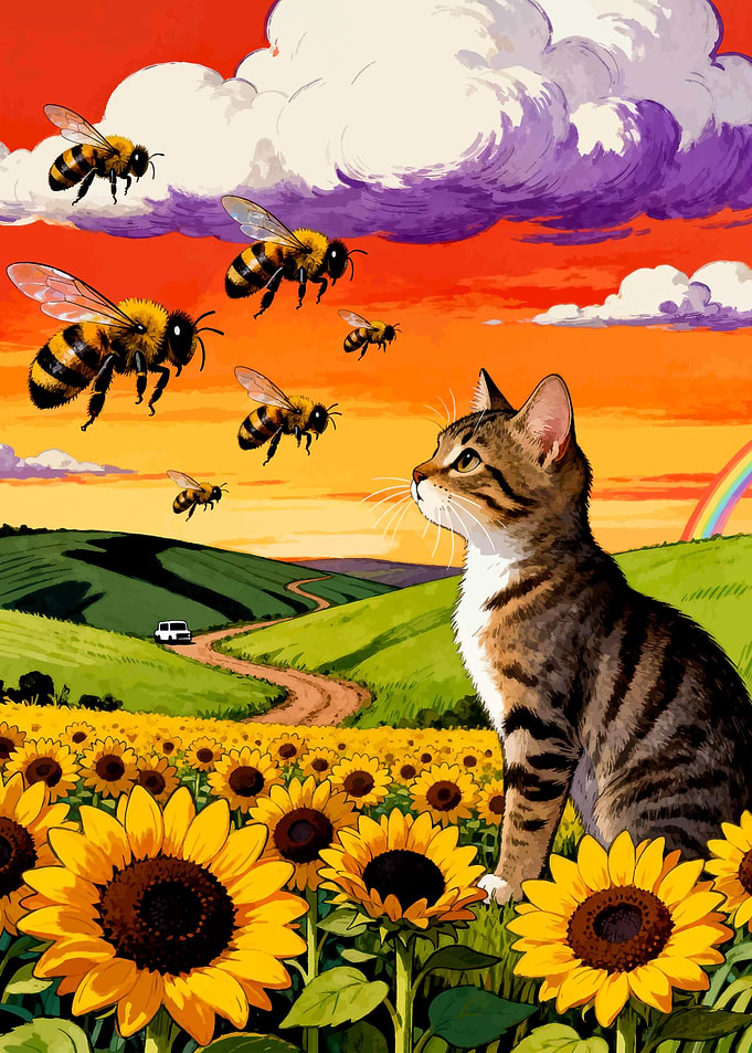 Cat, Bees, and Sunflowers Landscape