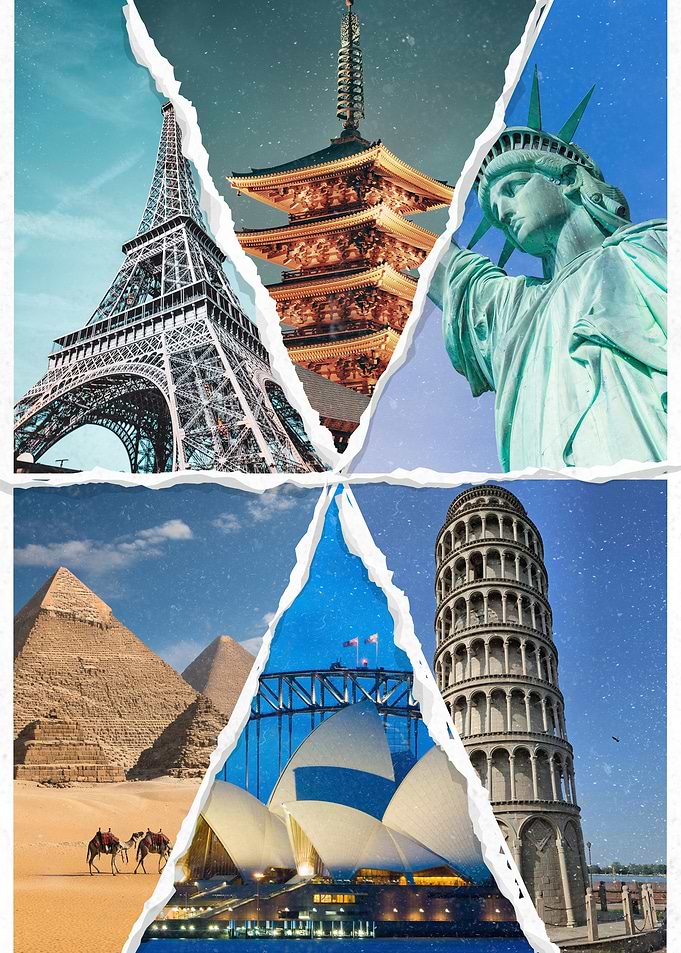 World Landmarks Torn Paper Collage