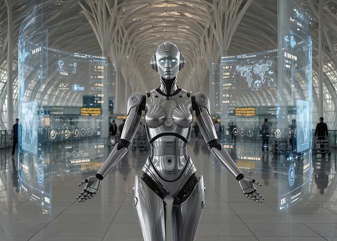 Futuristic Robot in Airport Terminal