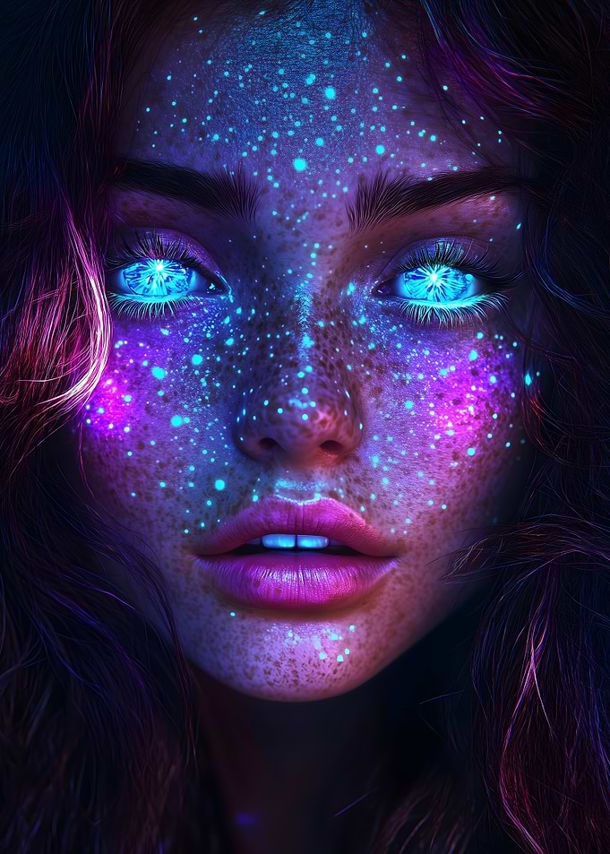 Glowing Woman Portrait with Starry Freckles