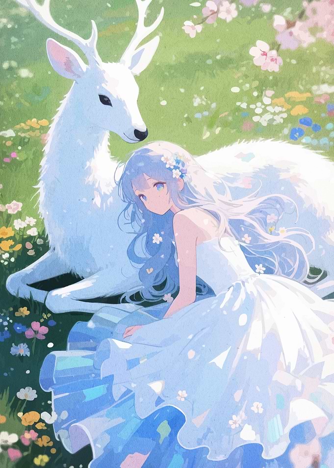Anime Girl with White Deer Meadow