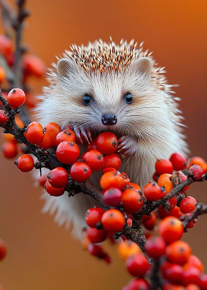 Hedgehog eating berries on a branch
