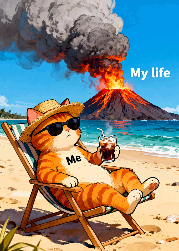 Cat on beach with volcano