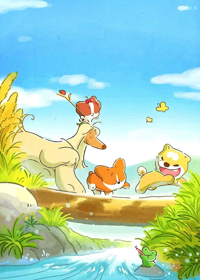 Cartoon Dogs on a Log