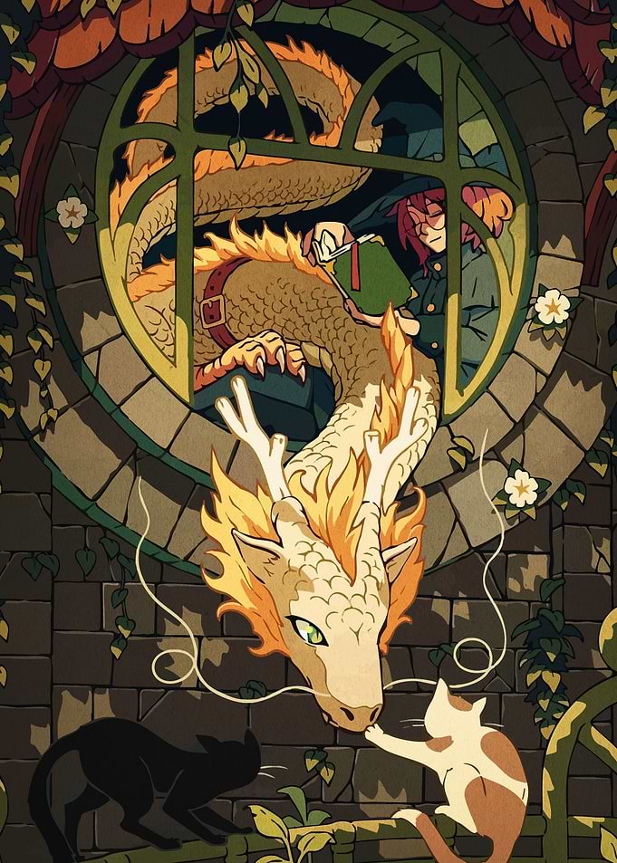 Dragon, Witch, and Cats by the Window