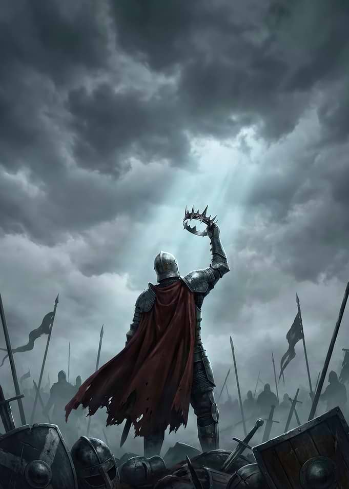 Stormlight Coronation: Armored Knight Raising the Iron Crown